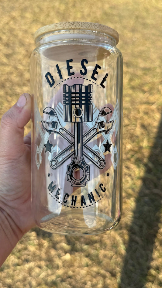 Diesel Mechanic 16oz Glass Libby K's Crafty Vibes Co.