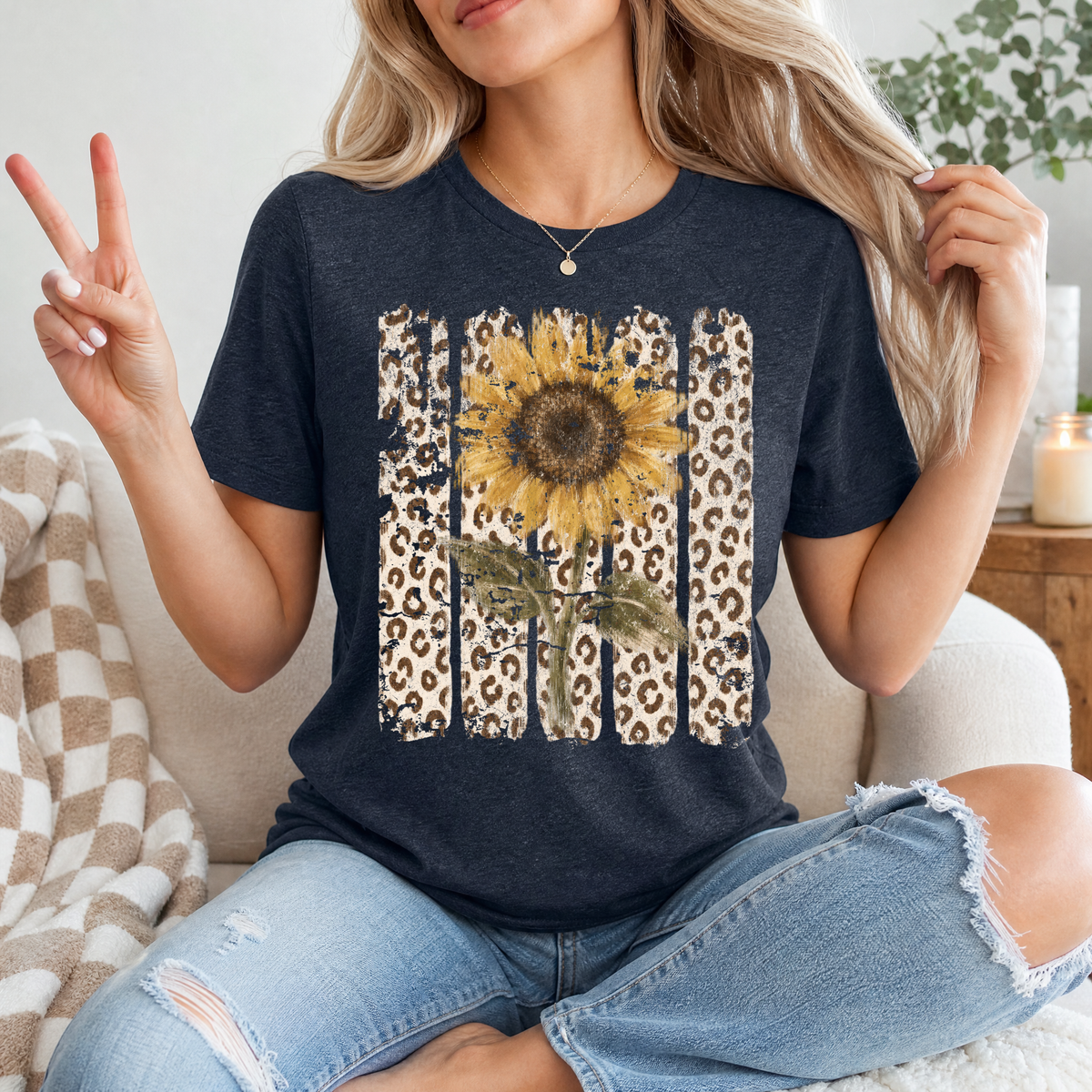 Distressed Sunflower & Leopard Print Graphic Tee