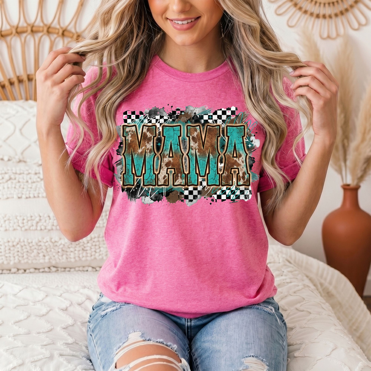 Turquoise & Cow Print Mama Western Graphic Tee