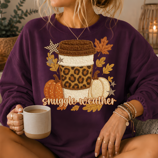 Snuggle Weather Faux Embroidery Coffee Crewneck Sweatshirt