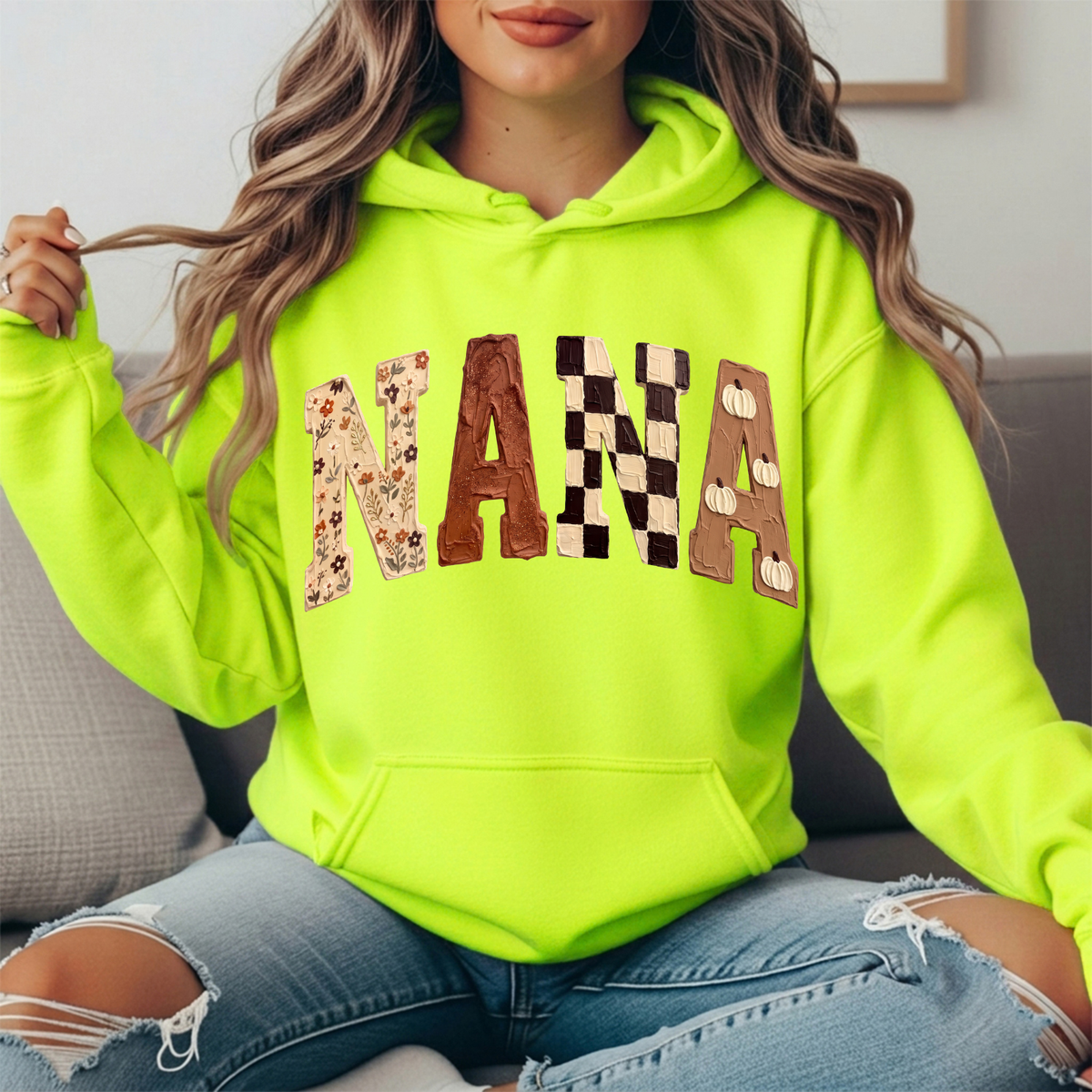 Nana Fall Floral, Checkerboard & Pumpkin Graphic Hoodie