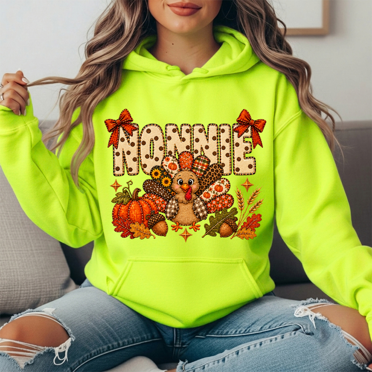 Nonnie Thanksgiving Patchwork Turkey Bow Graphic Hoodie