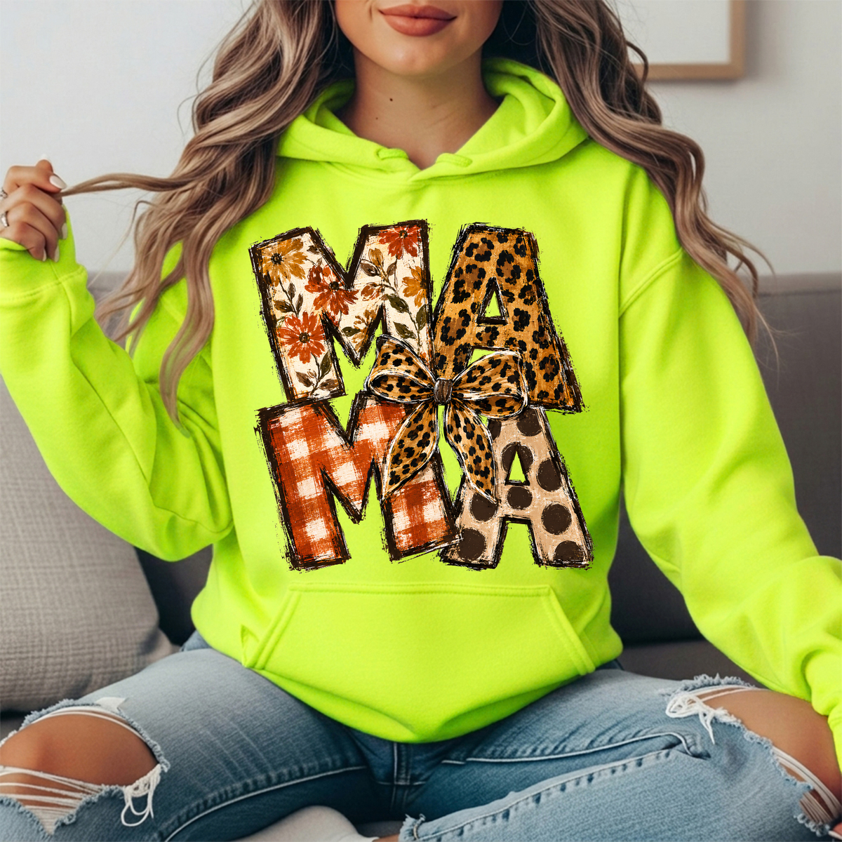 Mama Fall Patchwork & Leopard Bow Graphic Hoodie