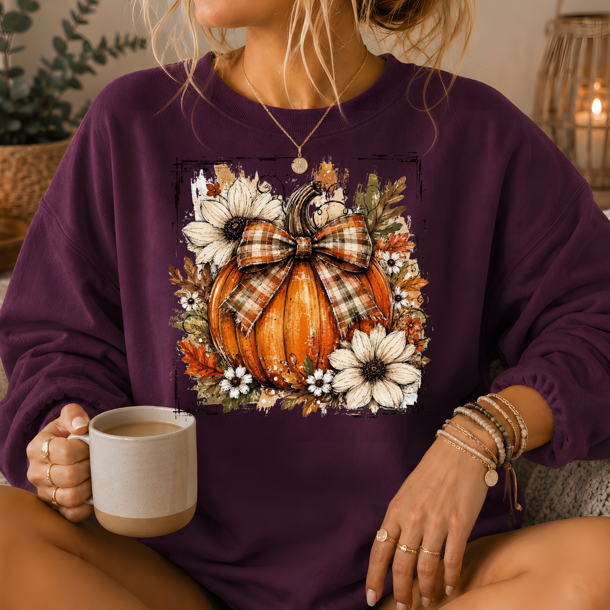 Pumpkin Plaid Bow Floral Crewneck Sweatshirt