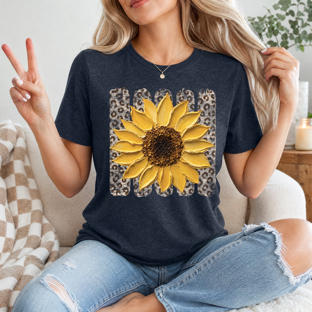 Painted Sunflower & Leopard Print Graphic Tee