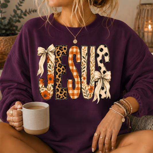 Jesus Mixed Print Bow Crewneck Sweatshirt