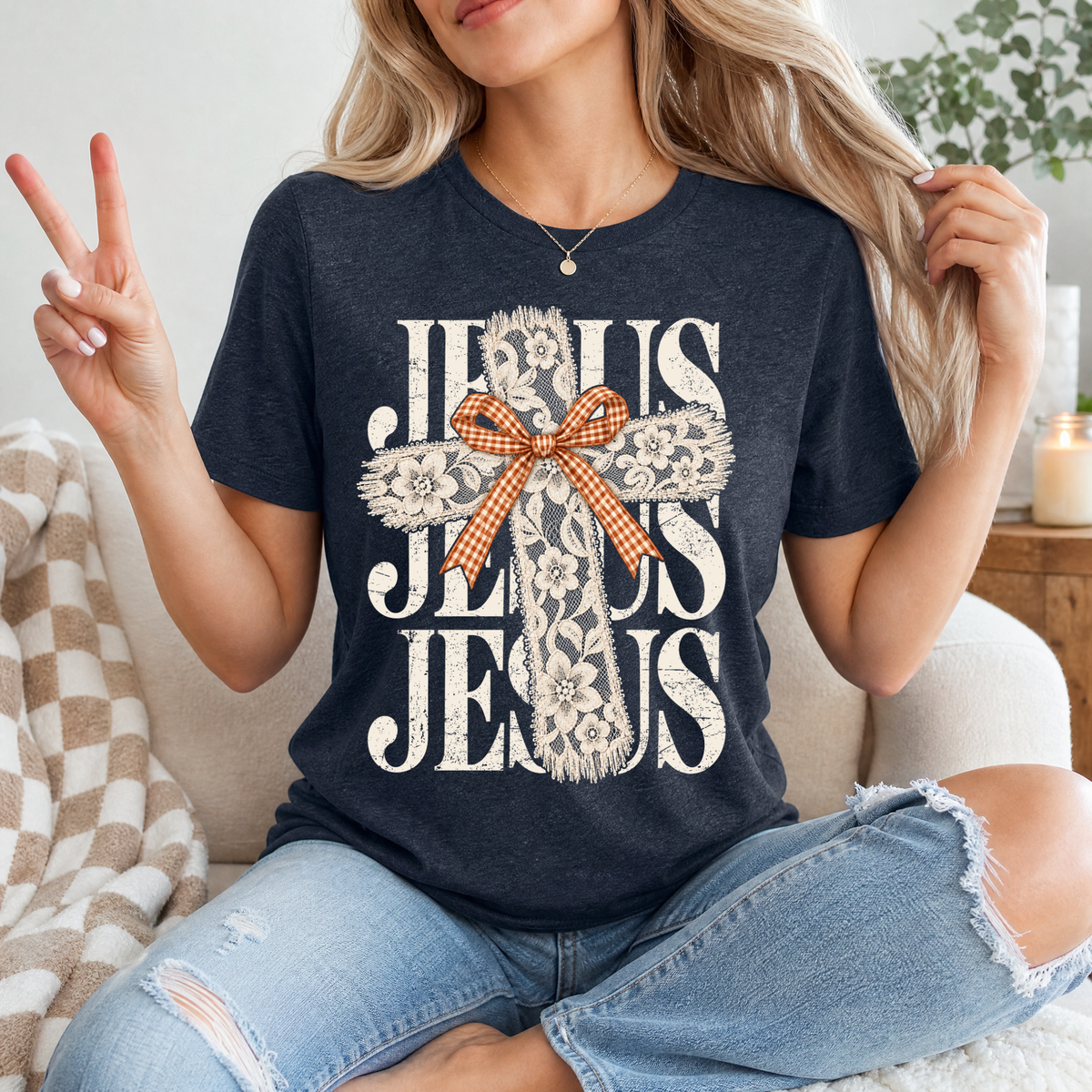 Jesus Lace Cross & Gingham Bow Christian Graphic Tee