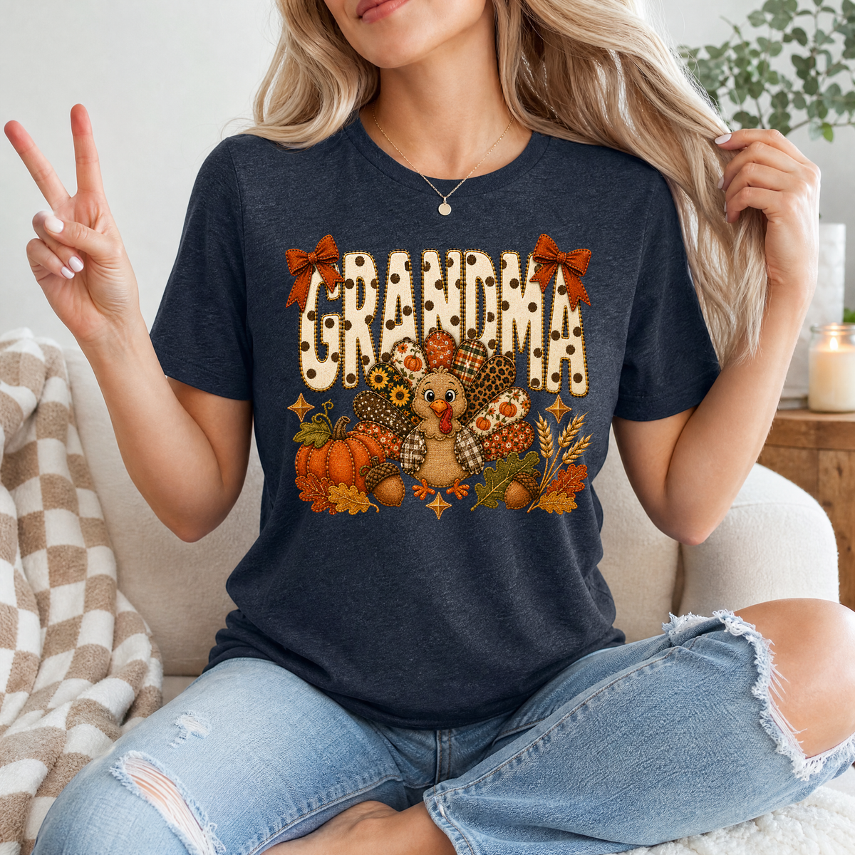 Grandma Thanksgiving Turkey & Bow Graphic Tee