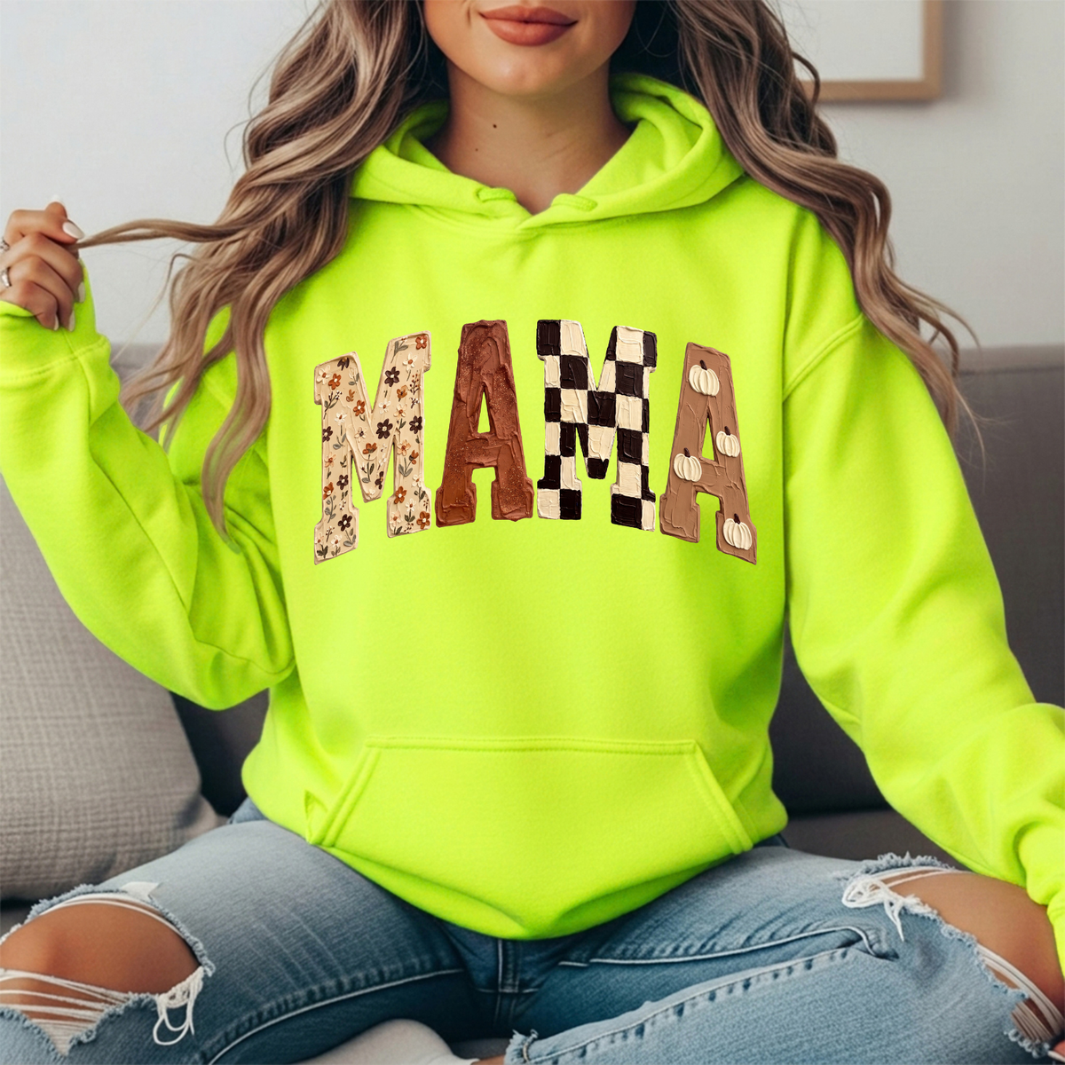 Mama Fall Floral, Checkerboard & Pumpkin Graphic Hoodie