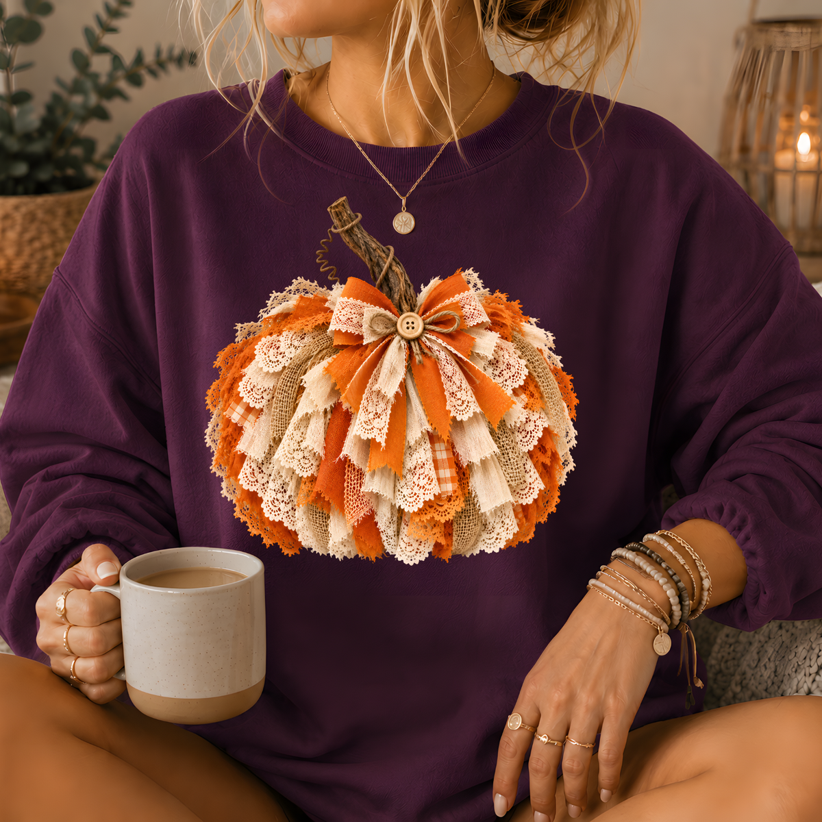 Rustic Lace & Burlap Pumpkin Graphic Crewneck Sweatshirt