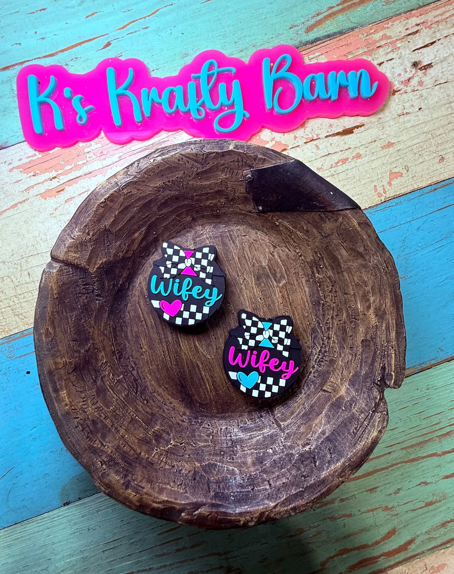Silicone Focal Bead- Checkered Wifey K's Krafty Barn