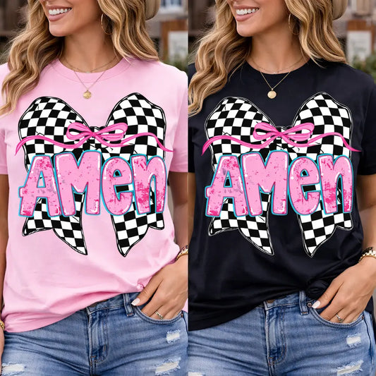 Amen Bow Christian Shirt | Checkered Bow Faith Tee K's Krafty Barn