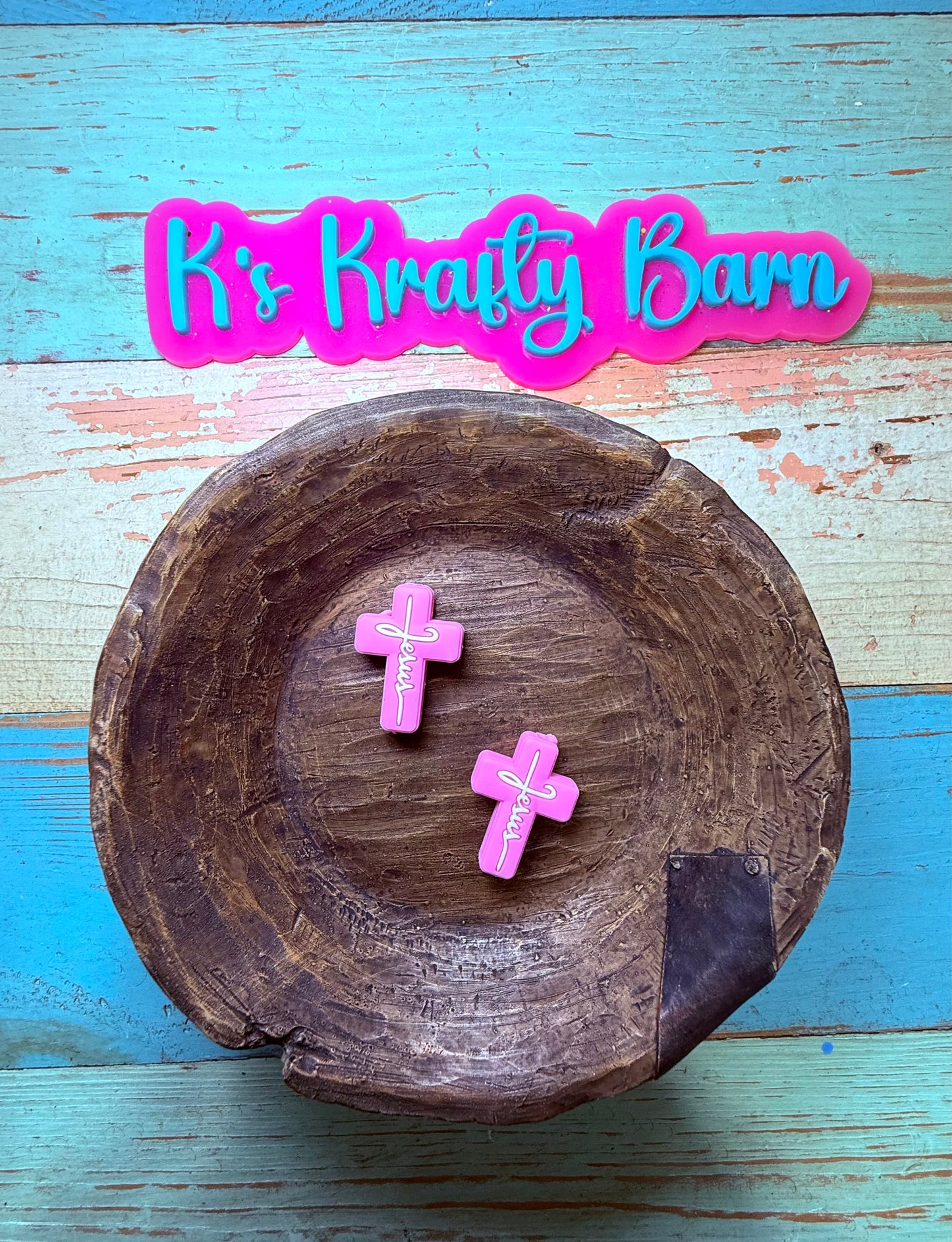 Wholesale Silicone Focal Bead- Pink cross with white Jesus