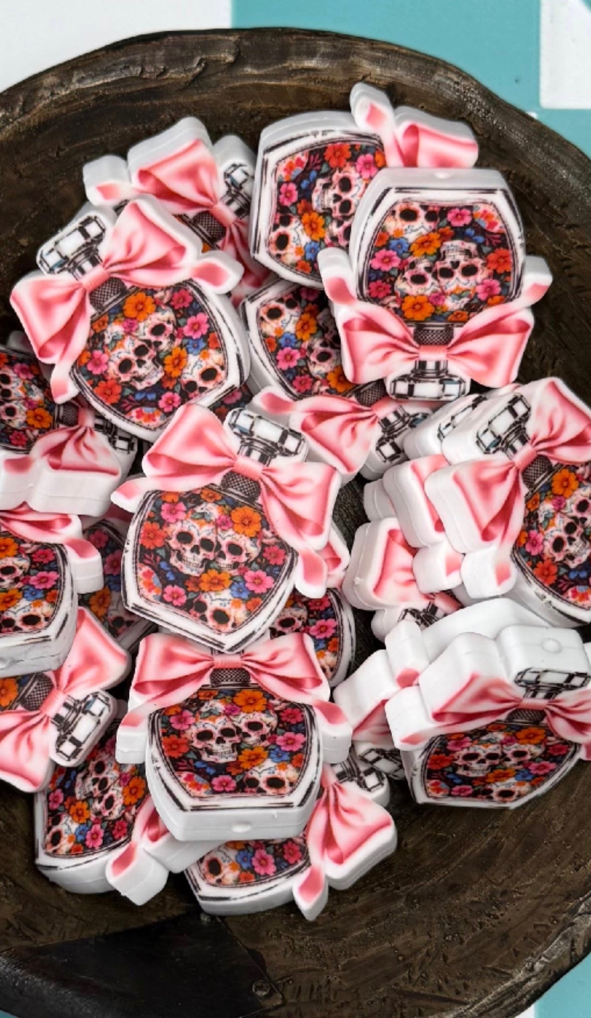 Halloween Silicone Focal Bead- Pink Sugar Skull Potion Bow