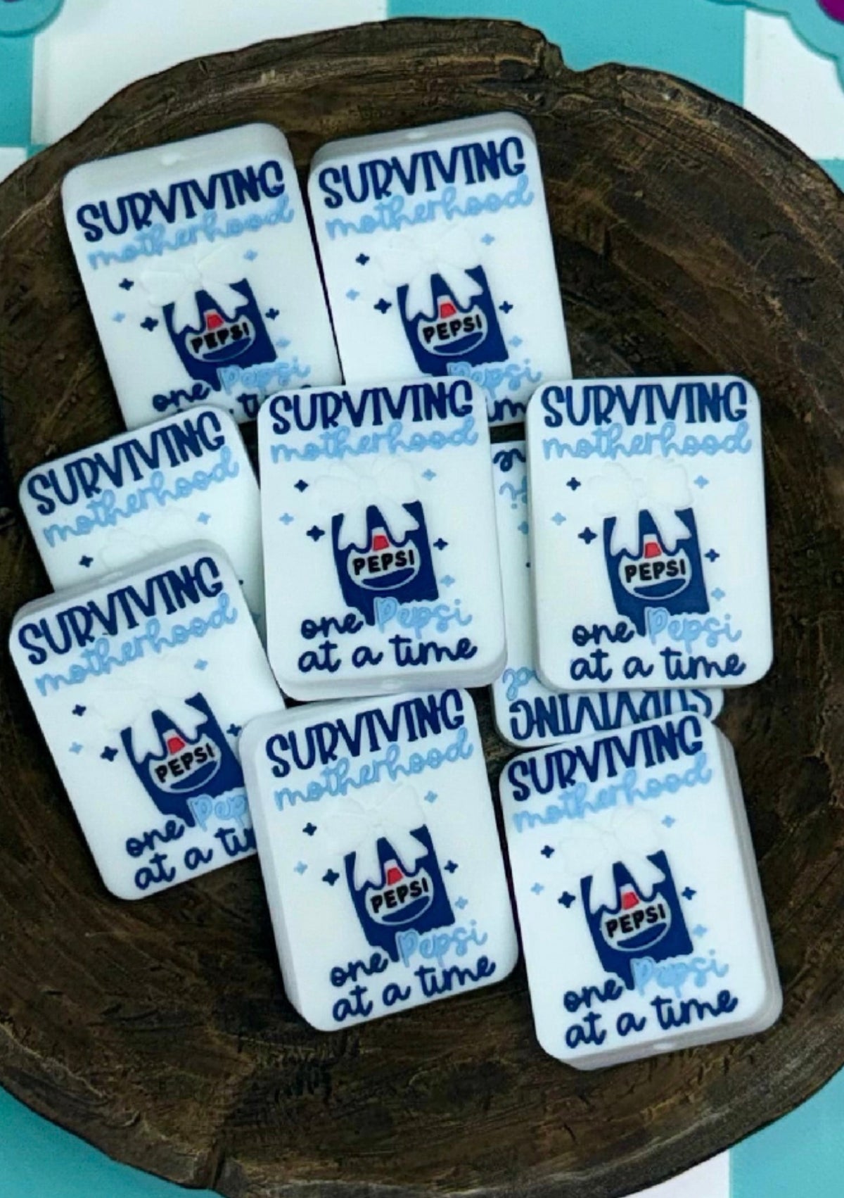 EXCLUSIVE Silicone Focal Bead- Surviving Motherhood One Blue Can At A Time
