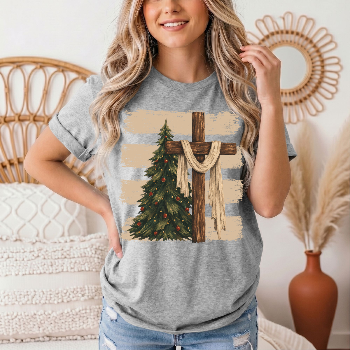 Rustic Cross & Christmas Tree Christian Graphic Tee