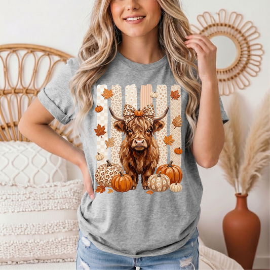 Fall Highland Cow Leopard Bow & Pumpkin Graphic Tee