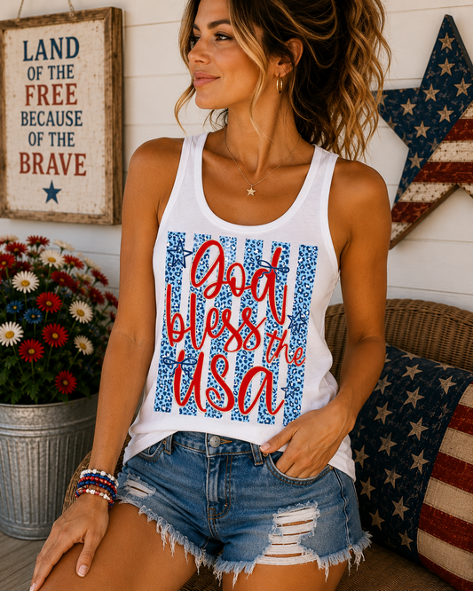 God Bless the USA Cheetah Blue Tank Top