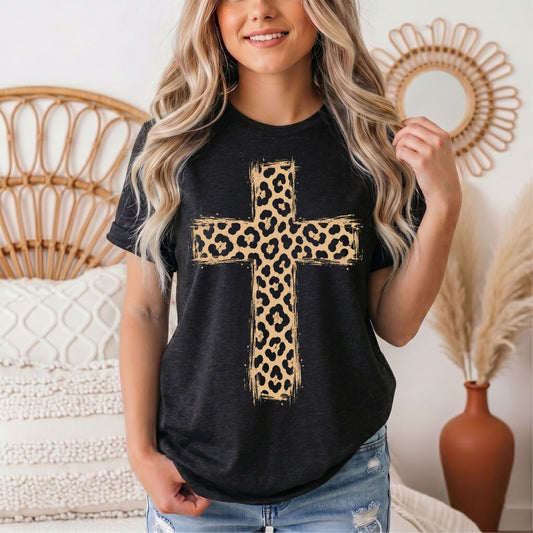 Leopard Print Cross Christian Graphic Tee