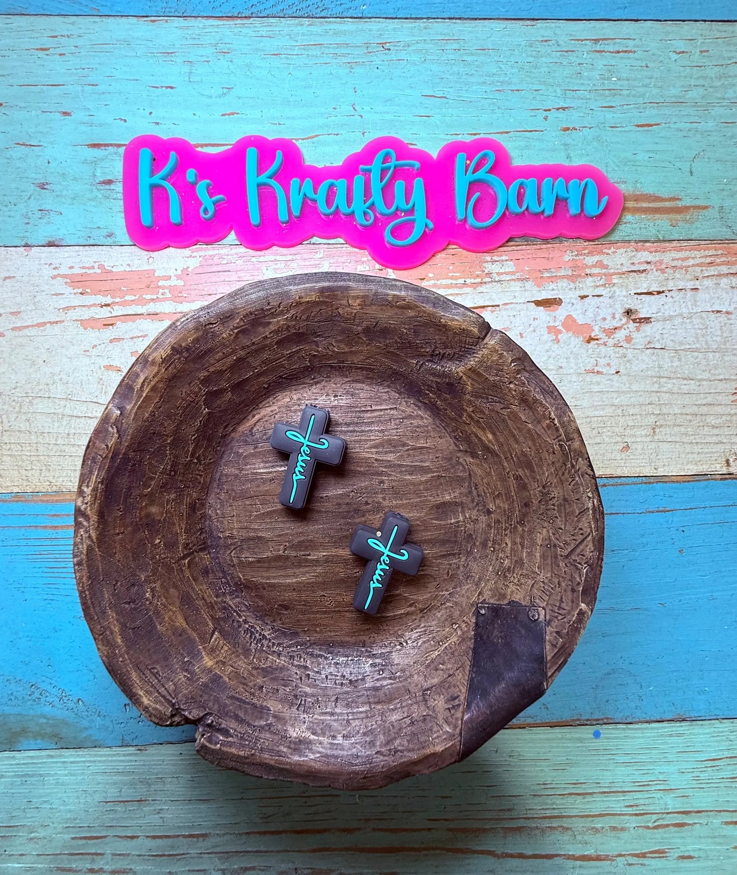 Silicone Focal Bead- Black cross with teal Jesus K's Krafty Barn