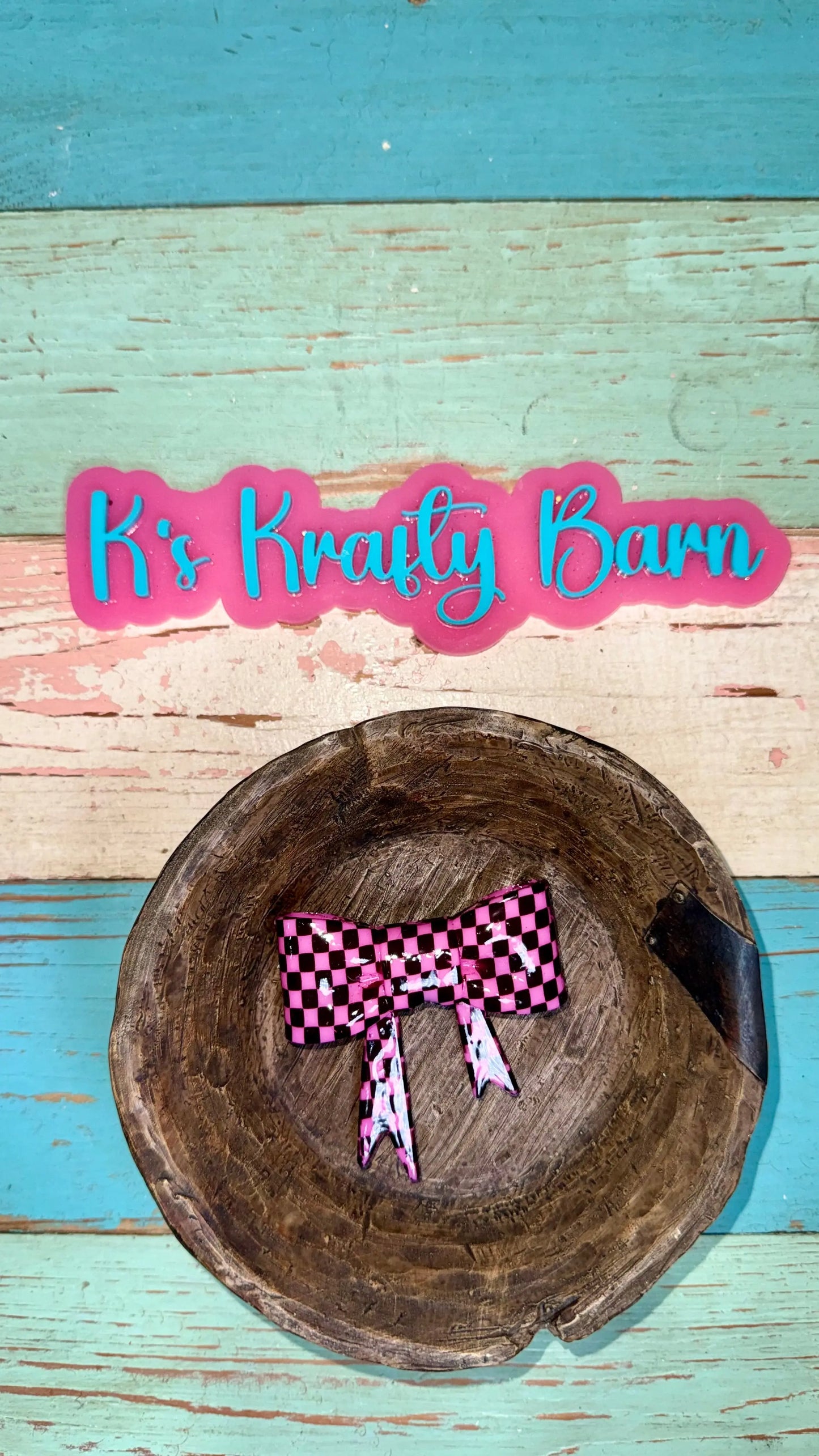 Silicone Focal Bead- Pink checkered Opal bow K's Krafty Barn