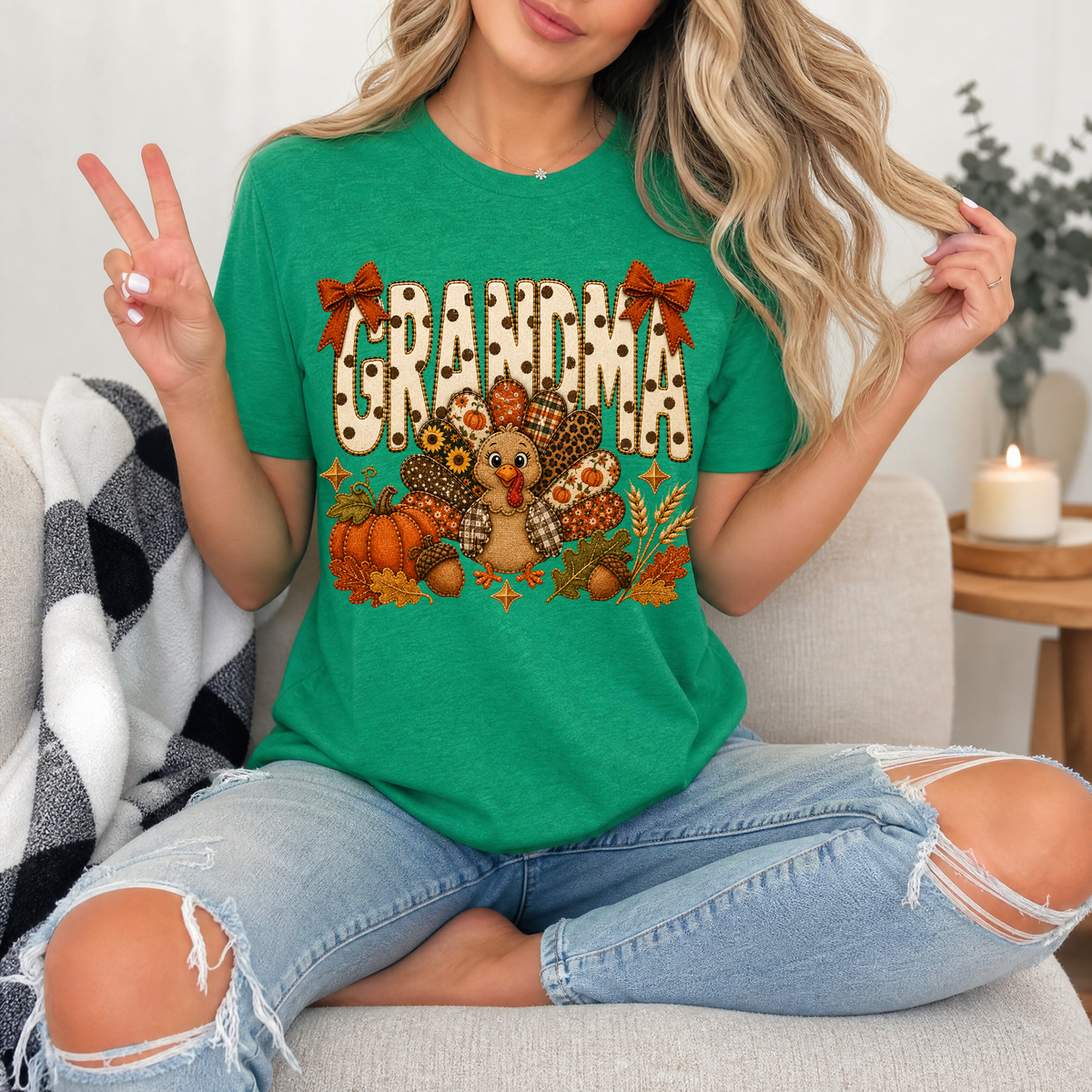 Grandma Thanksgiving Turkey & Bow Graphic Tee