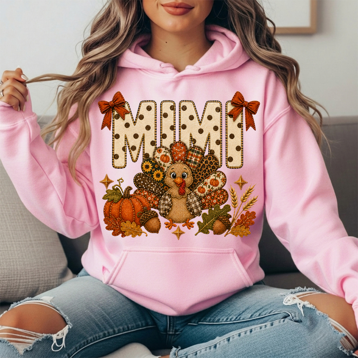 Mimi Thanksgiving Turkey & Rust Bows Graphic Hoodie