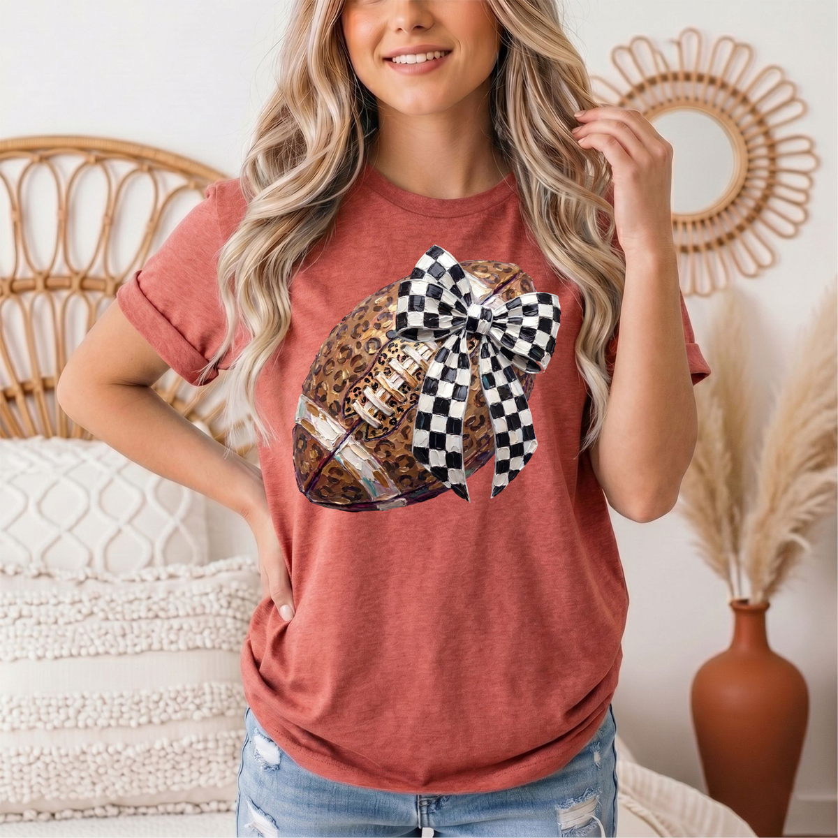 Leopard Football & Checkerboard Bow Graphic Tee