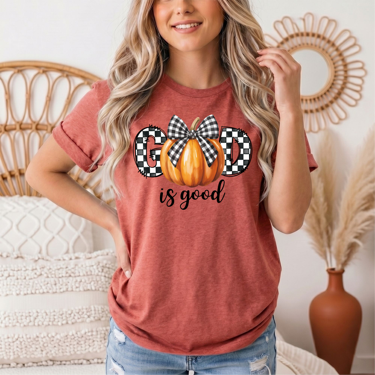 God Is Good Pumpkin & Gingham Bow Graphic Tee