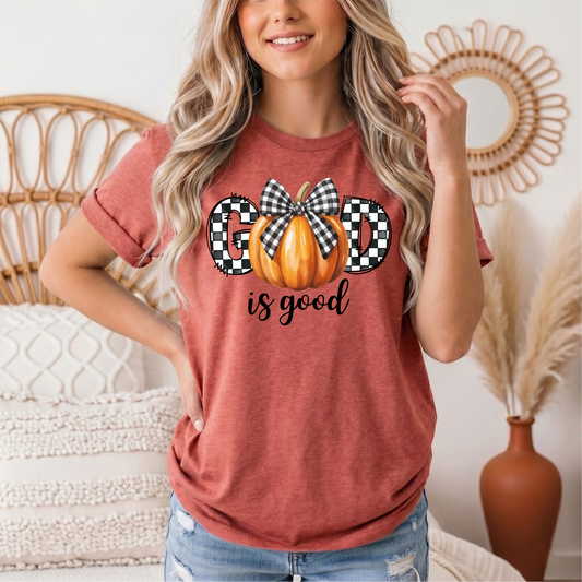 God Is Good Pumpkin & Gingham Bow Graphic Tee