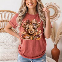 Fall Highland Cow Bow & Pumpkins Graphic Tee