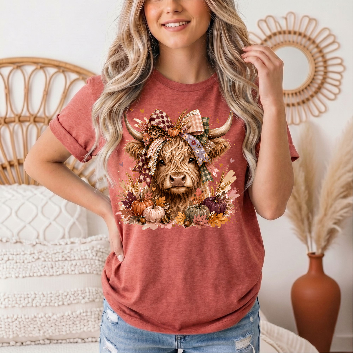 Fall Highland Cow Bow & Pumpkins Graphic Tee