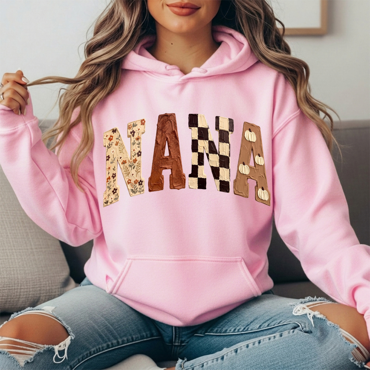 Nana Fall Floral, Checkerboard & Pumpkin Graphic Hoodie