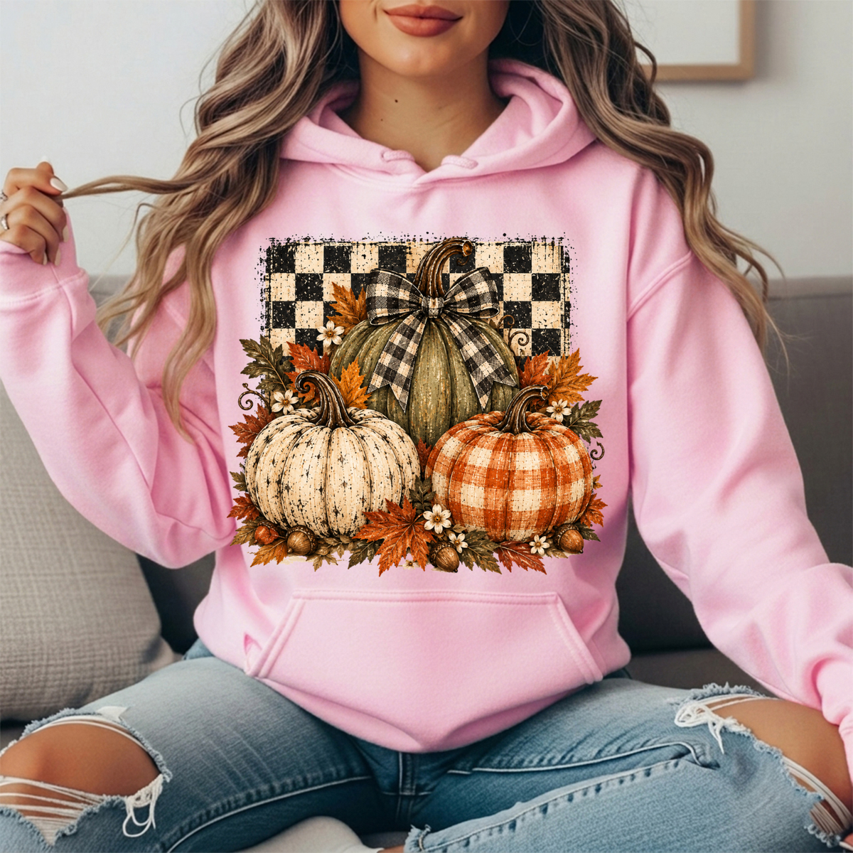 Rustic Fall Pumpkins Buffalo Check Bow Graphic Hoodie