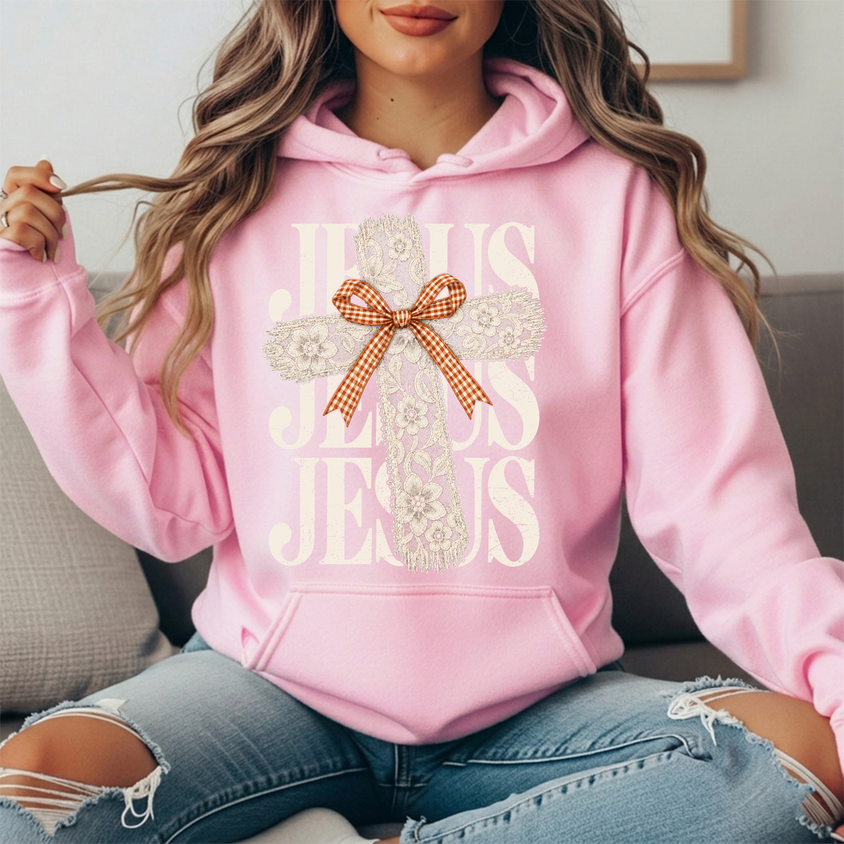 Jesus Floral Lace Cross & Gingham Bow Graphic Hoodie