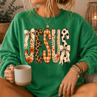 Jesus Mixed Print Bow Crewneck Sweatshirt