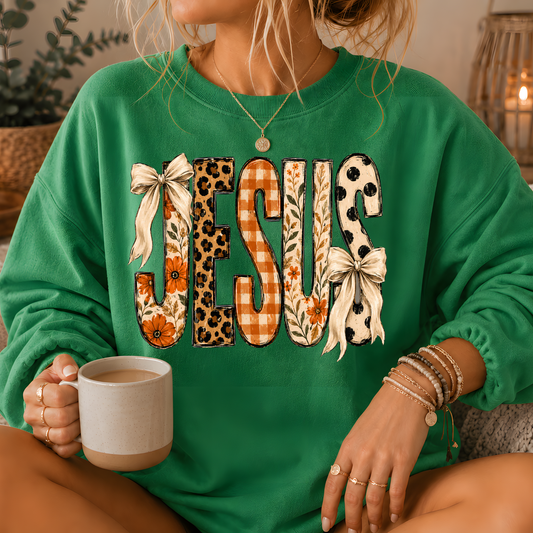 Jesus Mixed Print Bow Crewneck Sweatshirt