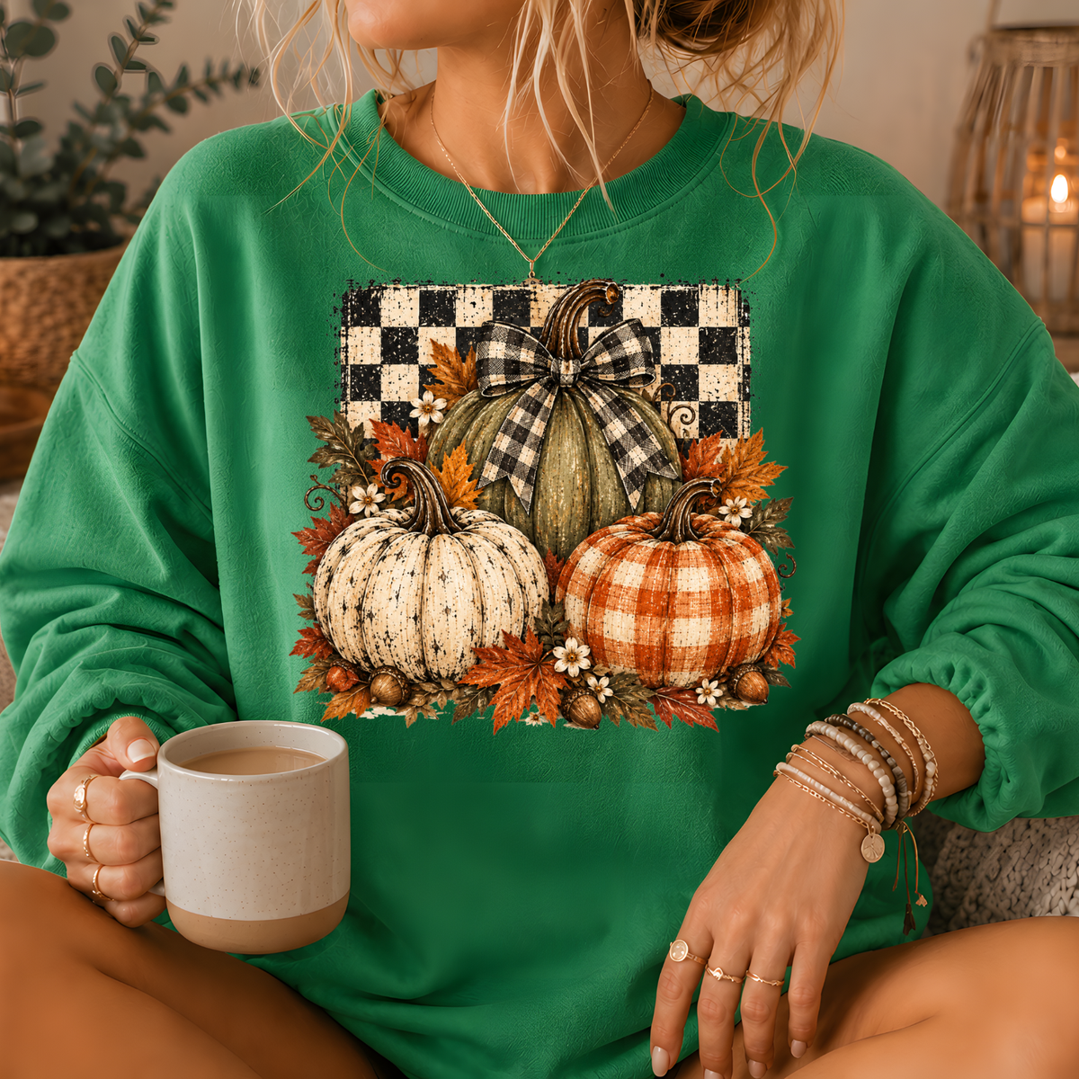 Pumpkin Plaid Bow Floral Crewneck Sweatshirt
