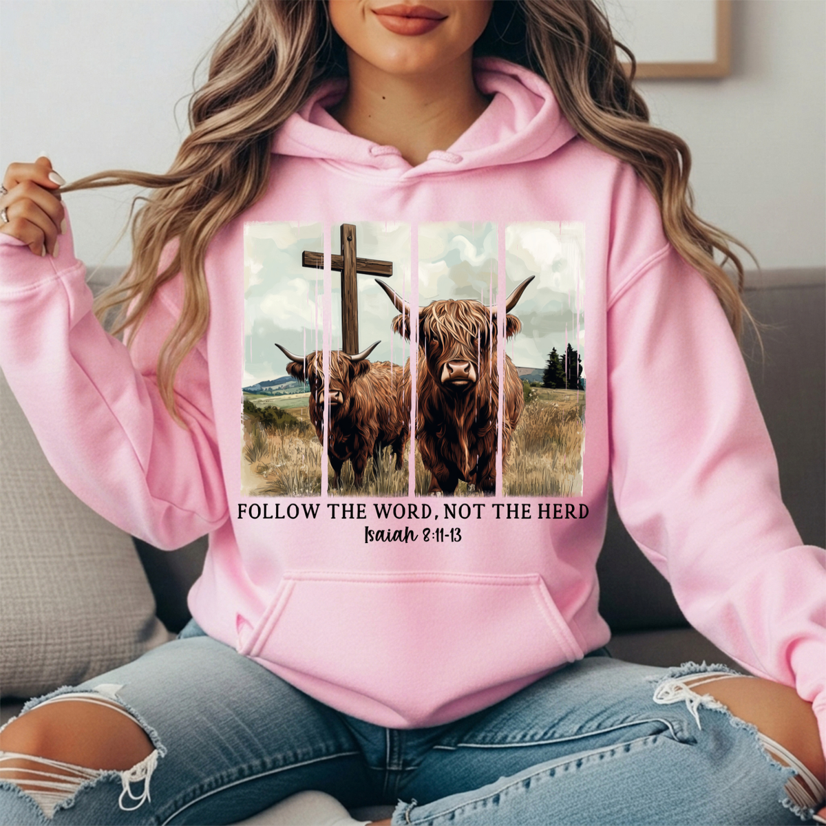 Follow the Word Not the Herd Highland Cow Graphic Hoodie