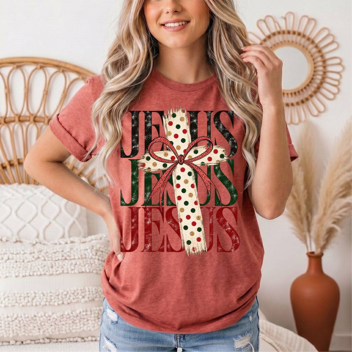 Jesus Christmas Cross & Bow Graphic Tee