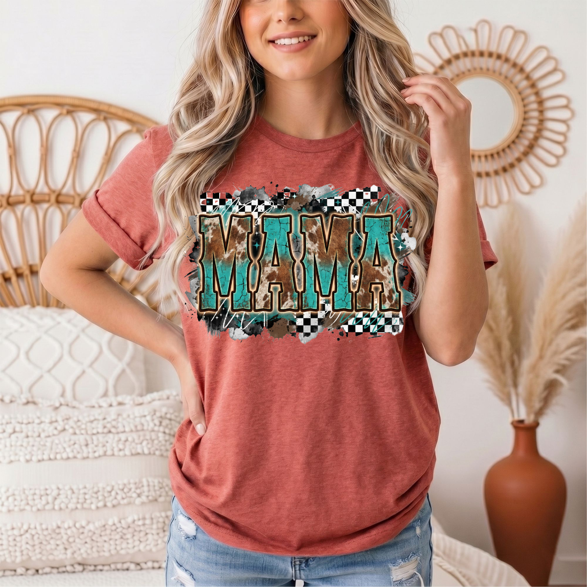 Turquoise & Cow Print Mama Western Graphic Tee