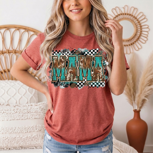Turquoise & Cow Print Mama Western Graphic Tee