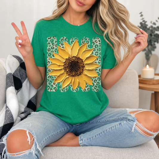 Painted Sunflower & Leopard Print Graphic Tee