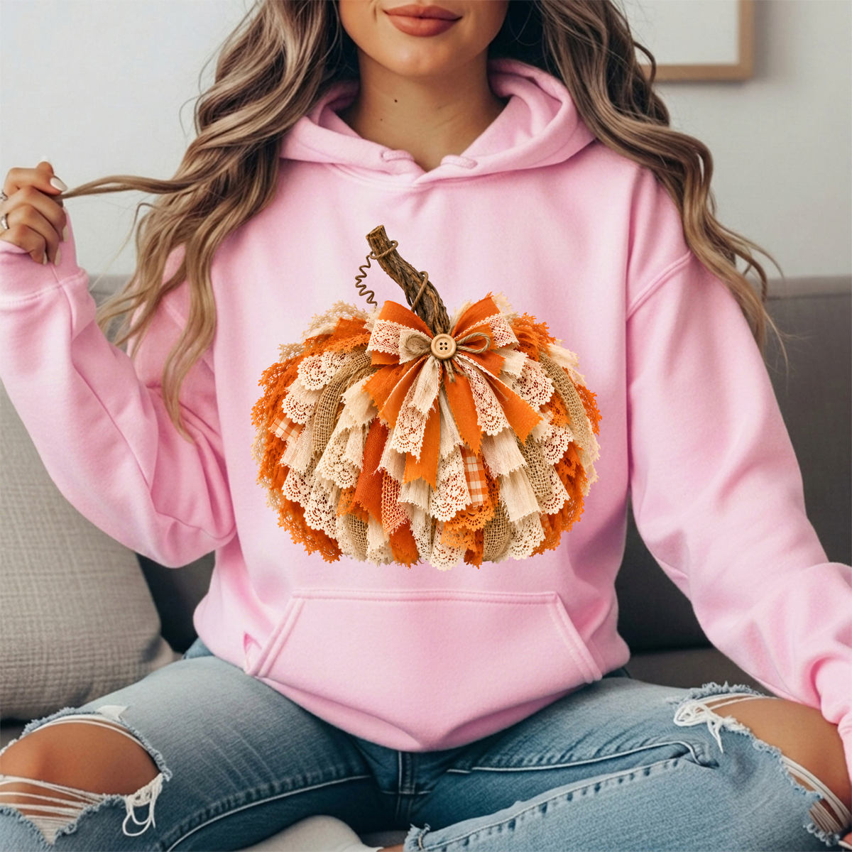 Rustic Lace & Burlap Pumpkin Graphic Hoodie