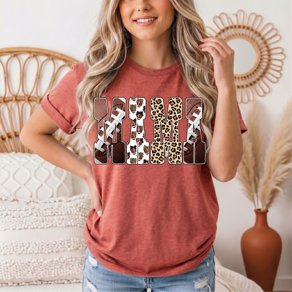 Mama Football & Leopard Mixed Print Graphic Tee