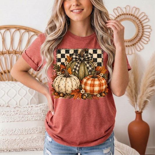 Rustic Fall Pumpkin Trio & Gingham Bow Graphic Tee