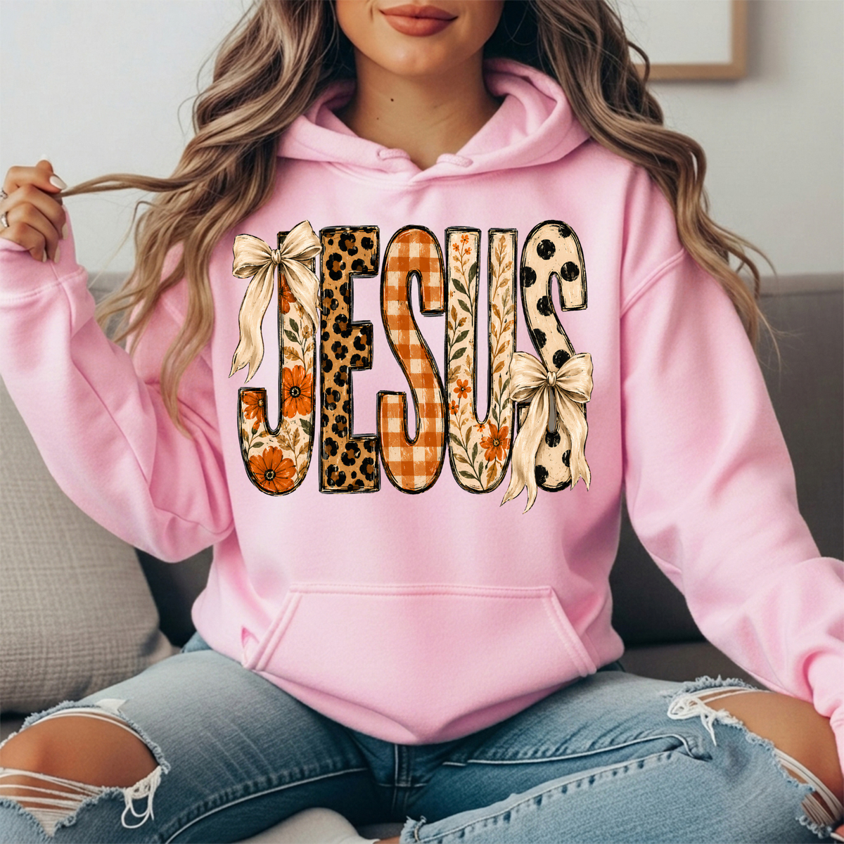 Jesus Patchwork Floral & Bow Graphic Hoodie