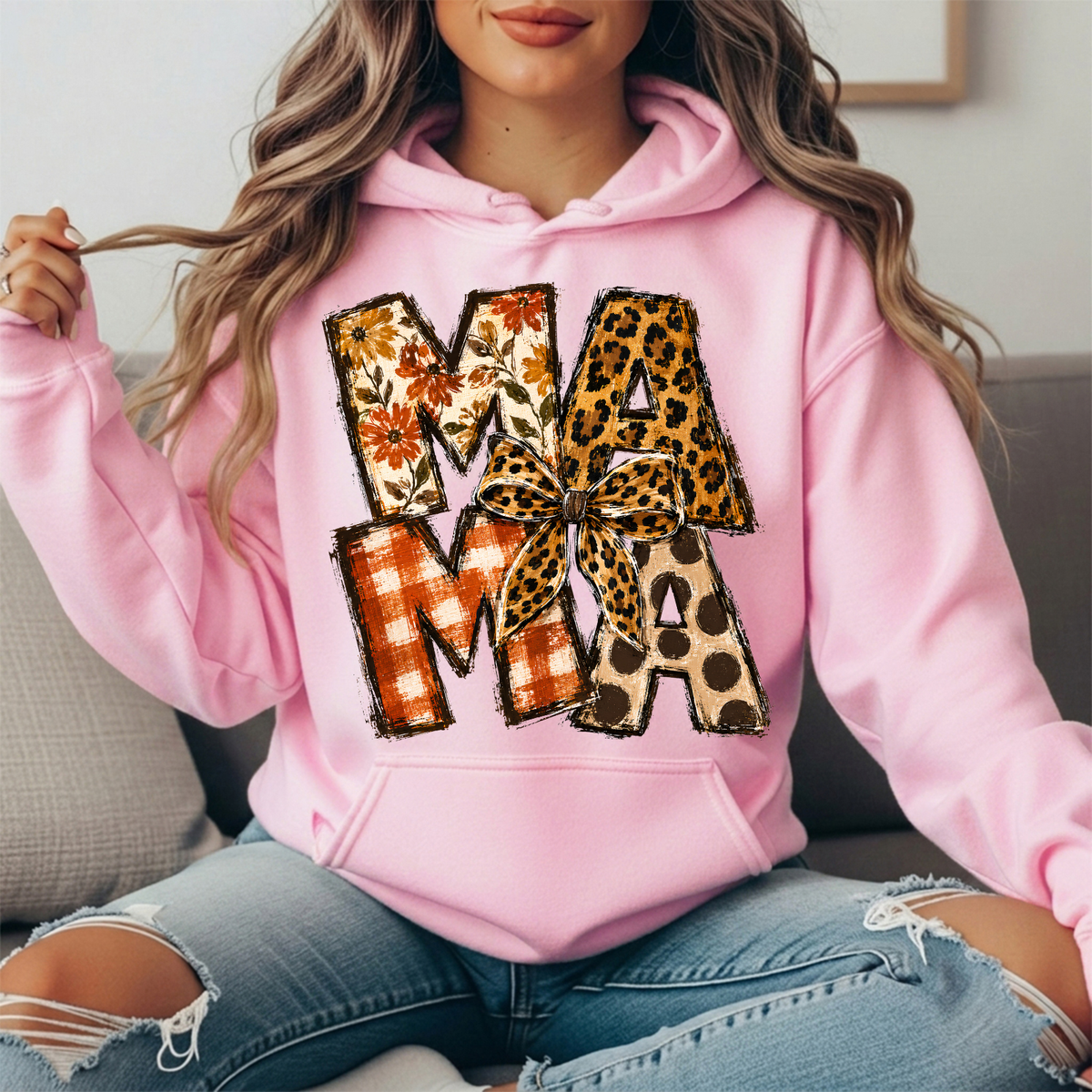 Mama Fall Patchwork & Leopard Bow Graphic Hoodie