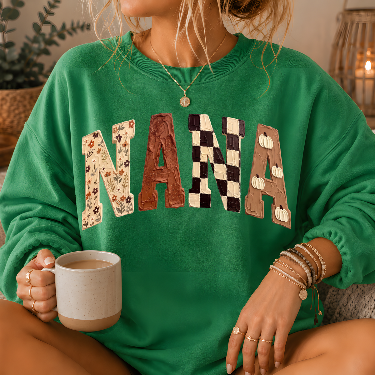 Nana Fall Patchwork Print Crewneck Sweatshirt