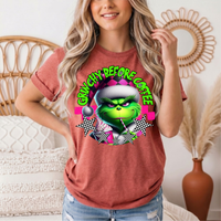 Grinchy Before Coffee Pink Checkerboard Christmas Graphic Tee